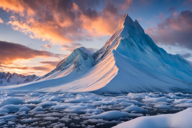 Foto een majestueuze zonsondergang over bevroren toppen een gletsjer-symphonie in de ijsbergen van ijsland