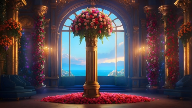 Een majestueuze zuil versierd met een levendig boeket rozen staat hoog gedetailleerd realistisch