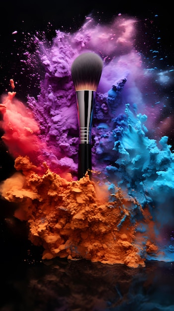 een make-upborstel in een wolk van kleurrijk poeder