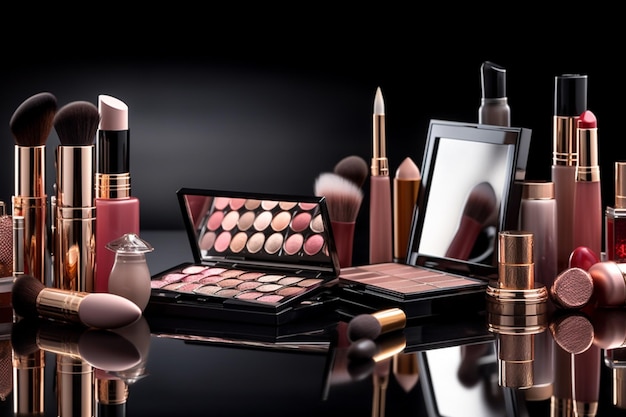 Een make-upcollectie van cosmetica en cosmetica op een zwarte achtergrond.