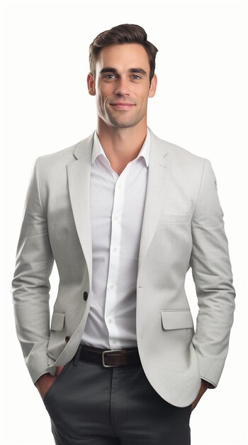 Foto een makelaar op europees niveau gekleed in een zakelijk jasje en een wit overhemd