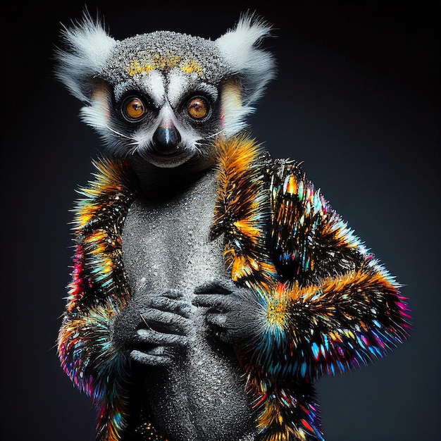 Een maki met een jasje waar 'lemurs' op staat