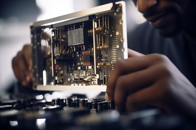 Foto een man aan het werk op een computer met een stuk printplaat.