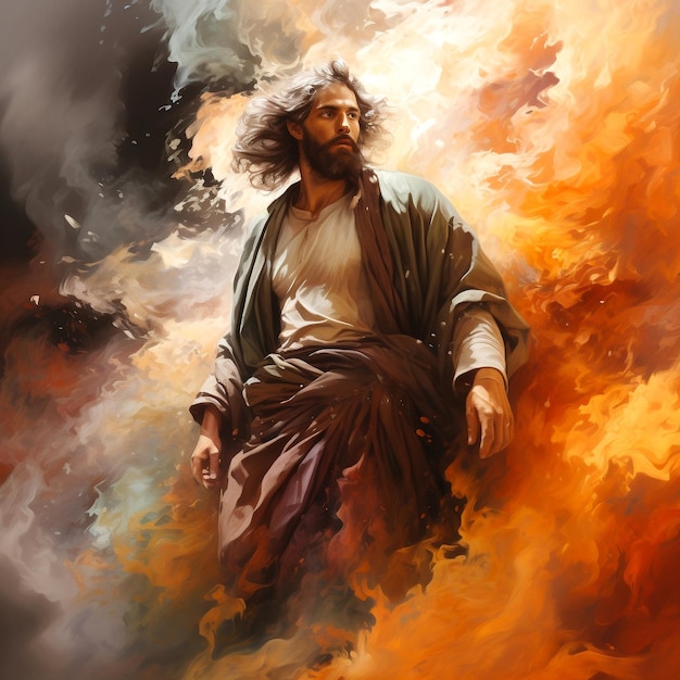 Een man als Jezus die op stof van vuur of wolk loopt Religieus concept