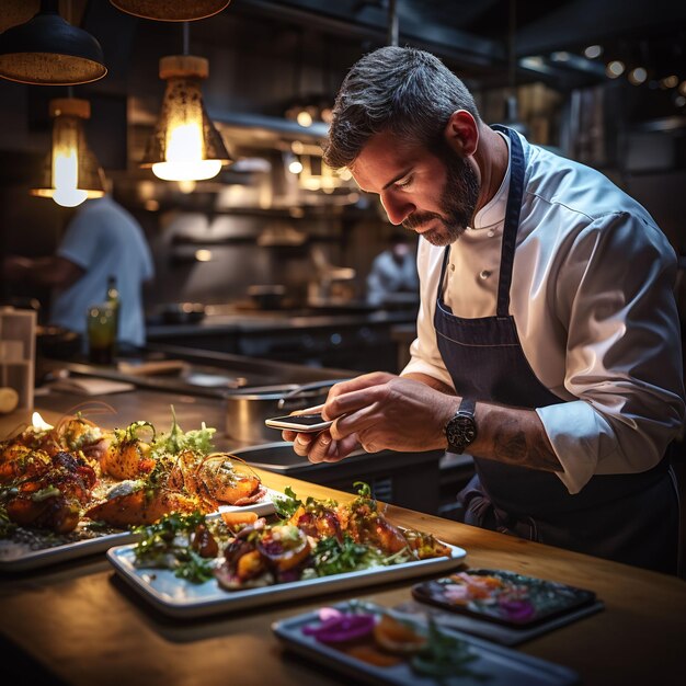 een man bereidt eten in een restaurant met een camera