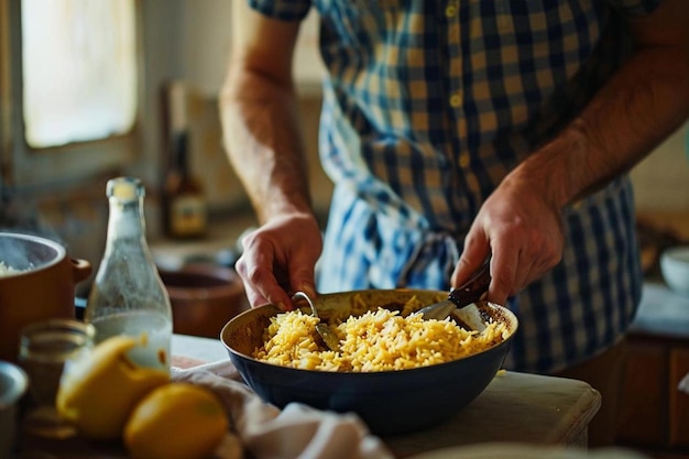 Een man bereidt pilaf foto in een huiselijke sfeer in de keuken