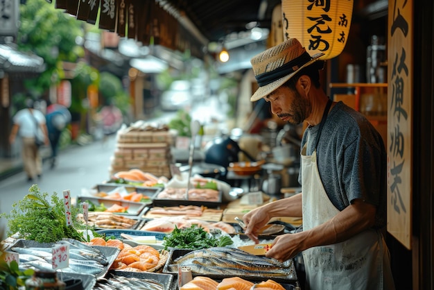 een man bereidt voedsel voor op een markt met een bord dat sushi zegt