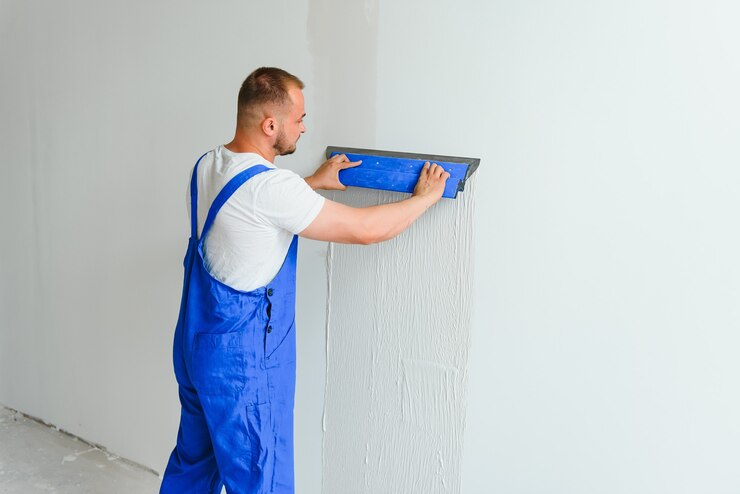 Een man bewerkt de muur met een spatel. Stukadoor aan het werk.