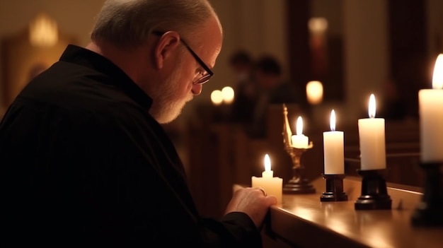 Een man bidt in een kerk met brandende kaarsen.