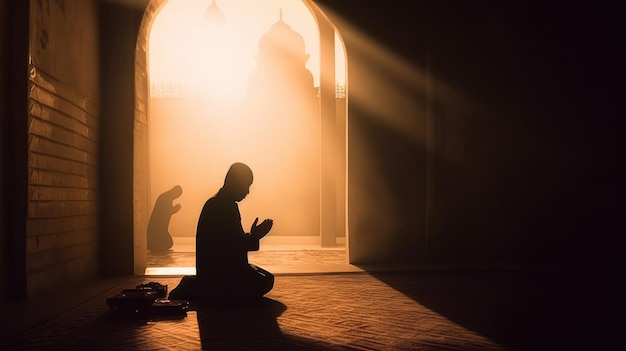 Foto een man bidt in een moskee terwijl de zon door het raam schijnt.