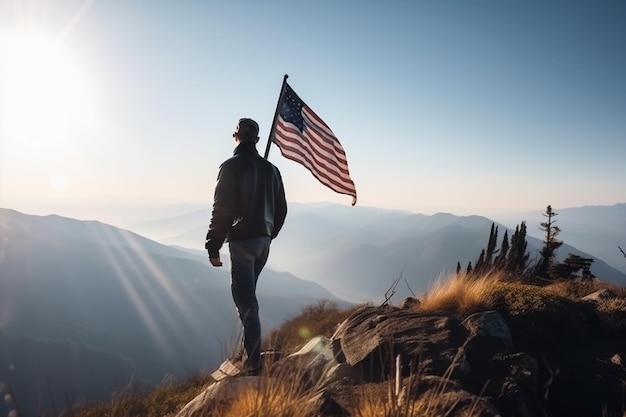 Een man bovenop een berg met een Amerikaanse vlag