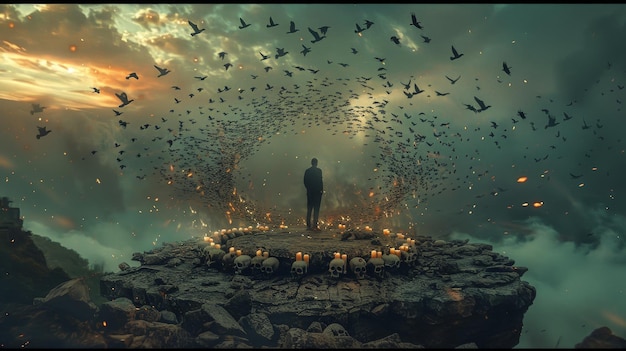 een man die aan de rand van een klif staat in het midden van een cirkel van dierlijke schedels met een kaars aan op elke schedel en een kolom vogels die rond hem draaien van zijn hoofd tot de top van de lucht