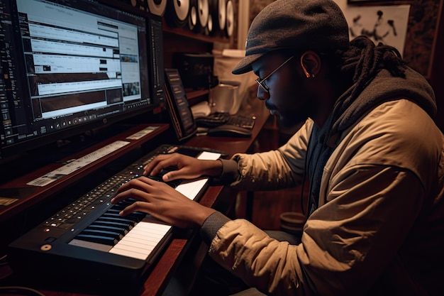 Foto een man die aan een bureau zit en een computertoetsenbord bespeelt generatieve ai