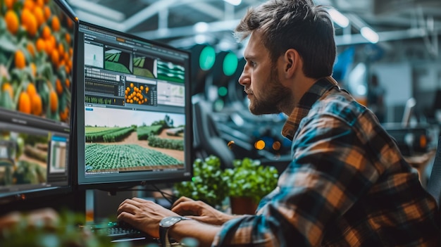 een man die aan een computer werkt met een computerscherm dat het woord erop toont