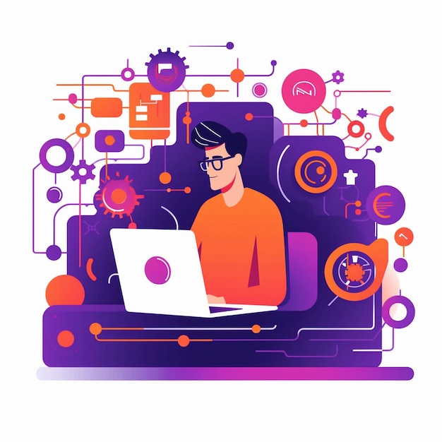 een man die aan een laptop werkt met een kleurrijke achtergrond met een man die er aan werkt.