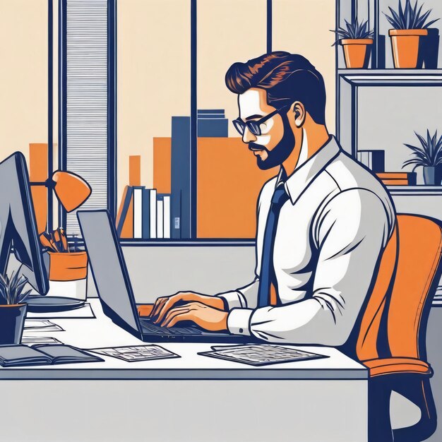 een man die aan een laptop werkt op het kantoor bureau kleur Outline illustraties
