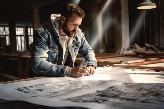 een man die aan een tafel zit en aan een project werkt