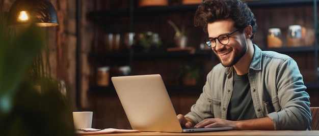 een man die aan een tafel zit en een laptopcomputer gebruikt