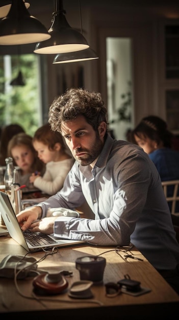 een man die aan een tafel zit en op een laptop werkt