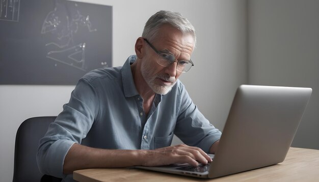 Een man die aan een tafel zit met een laptop die aan een laptop aan een bureau werkt