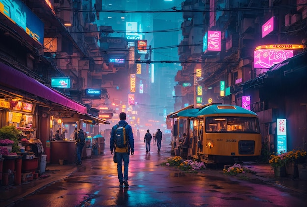 Een man die alleen loopt in de regenende cyberpunkstad.
