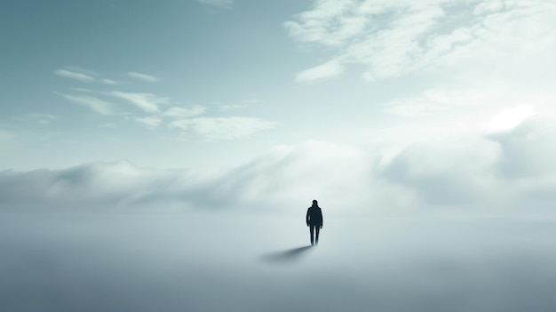 Foto een man die alleen loopt in mist en wolken.