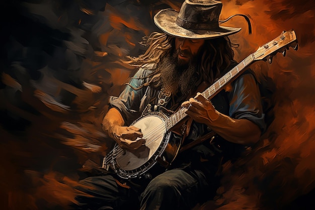 een man die banjo speelt met een vuur op de achtergrond.
