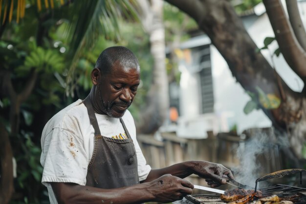 Foto een man die bezig is met de barbecue.