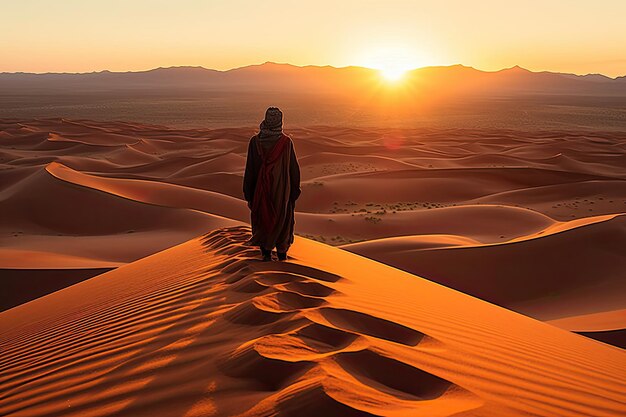 Een man die bij zonsondergang in de woestijn staat Generatieve Ai