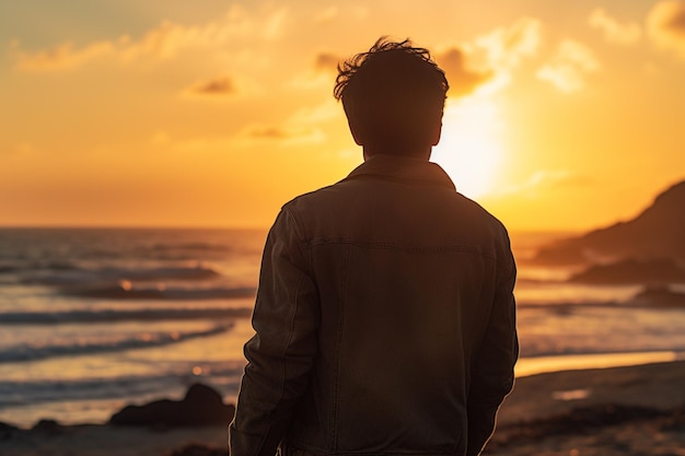 een man die bij zonsondergang naar de hemel aan de kust staat te kijken