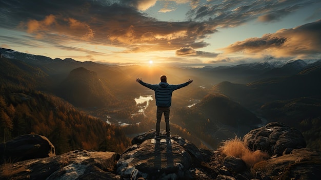 Foto een man die bij zonsondergang op een berg staat