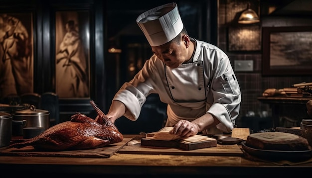 Een man die binnenshuis een gastronomische zelfgemaakte maaltijd kookt, gegenereerd door AI