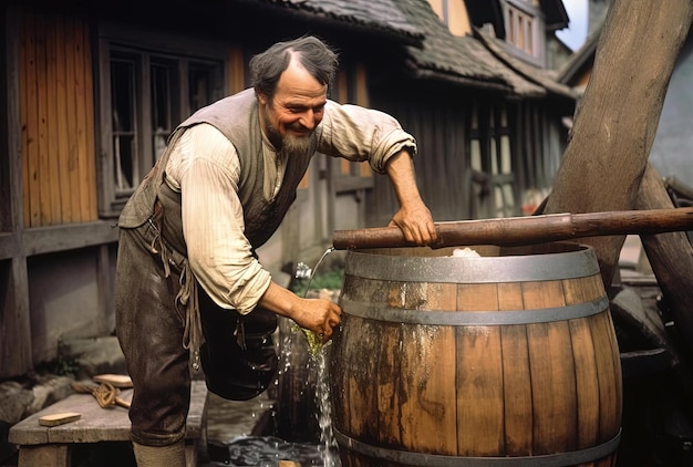 een man die buiten bier uit een houten vat giet in de stijl van lichtgeel en goud