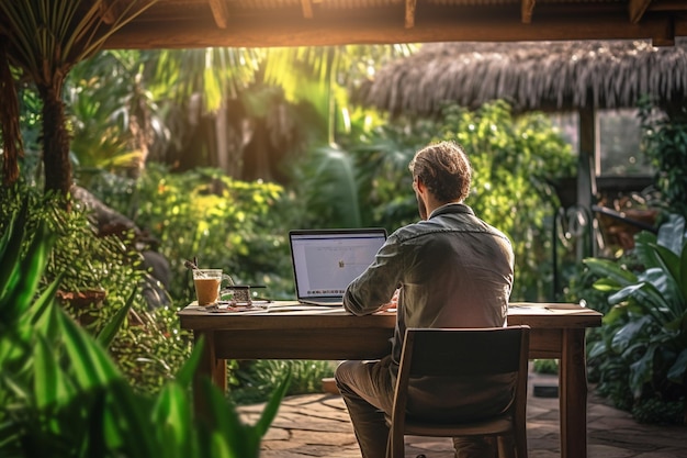 Een man die buiten op een tafel zit en een laptop gebruikt in een tuin met generatieve AI