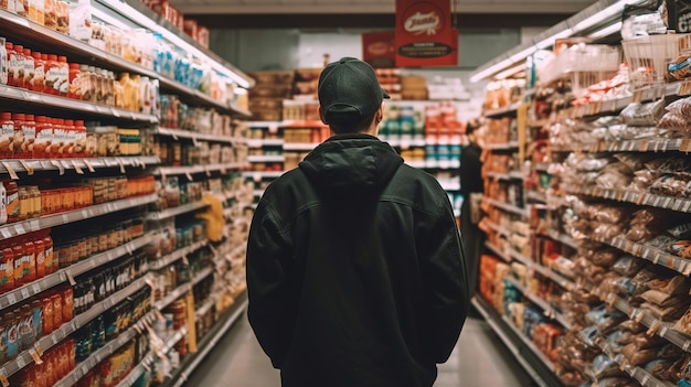 Een man die de beste producten in de supermarkt selecteert Generatieve ai