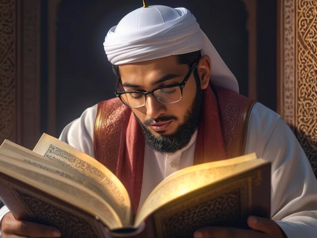 Een man die de Heilige Koran leest met een zwarte baard en een bril.