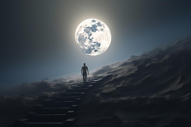Een man die de trap oploopt naar de maan