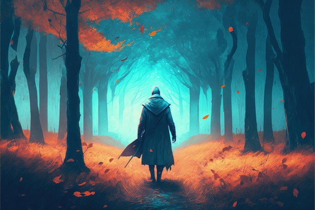 Een man die door een prachtig bos wandelt Fantasieconcept Illustratie schilderij Generatieve AI