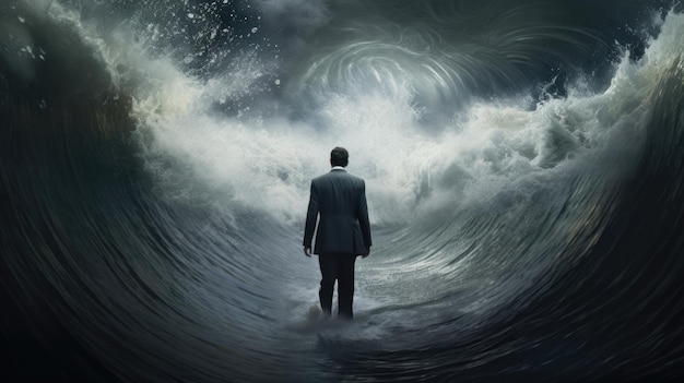 Een man die door het water loopt met de golven gescheiden
