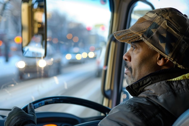 Foto een man die een auto rijdt op een besneeuwde straat