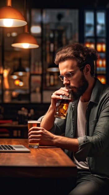 een man die een bier drinkt uit een bierglas