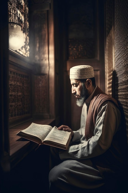 Een man die een boek leest in een donkere kamer.