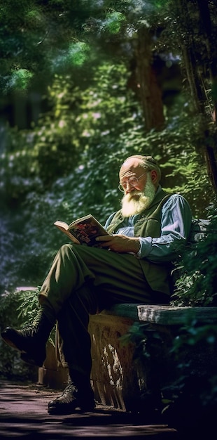 Foto een man die een boek leest in het bos