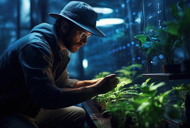 een man die een boer is en planten plant in zijn kasfoto in de stijl van bioluminescentie