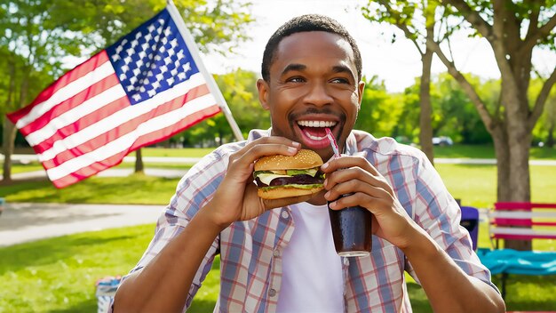 een man die een burger eet en een fles coca-cola vasthoudt