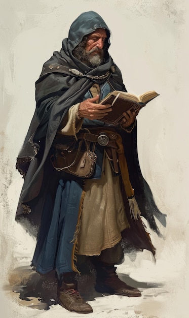 een man die een cape draagt en een boek vasthoudt