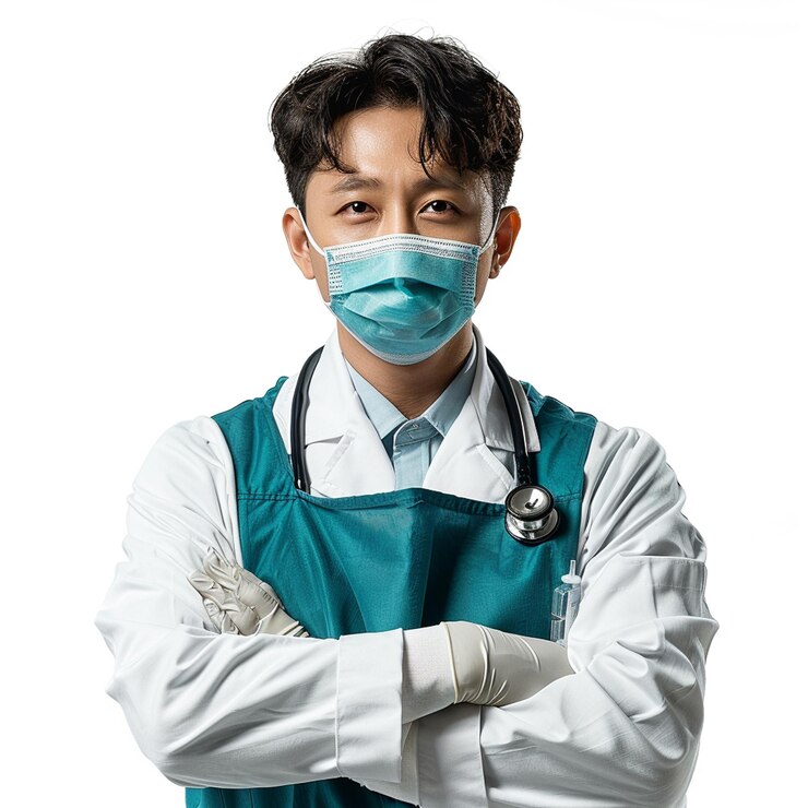 Foto een man die een chirurgisch masker draagt met een groen masker op