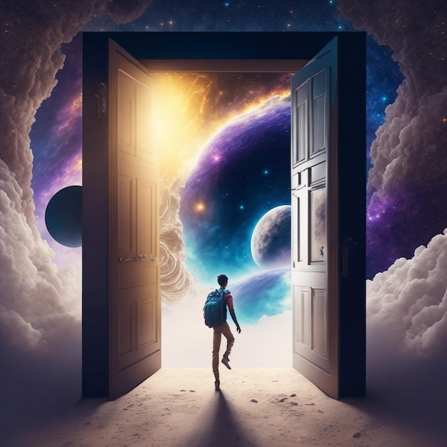 Foto een man die een deur binnenloopt die het universum zegt