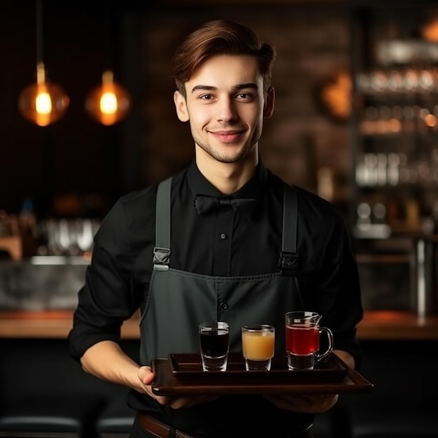 een man die een dienblad met drankjes vasthoudt en een dienblad met drankjes met daarin een drankje.