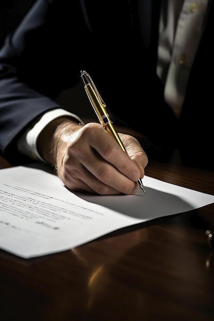 Foto een man die een document ondertekent met een pen